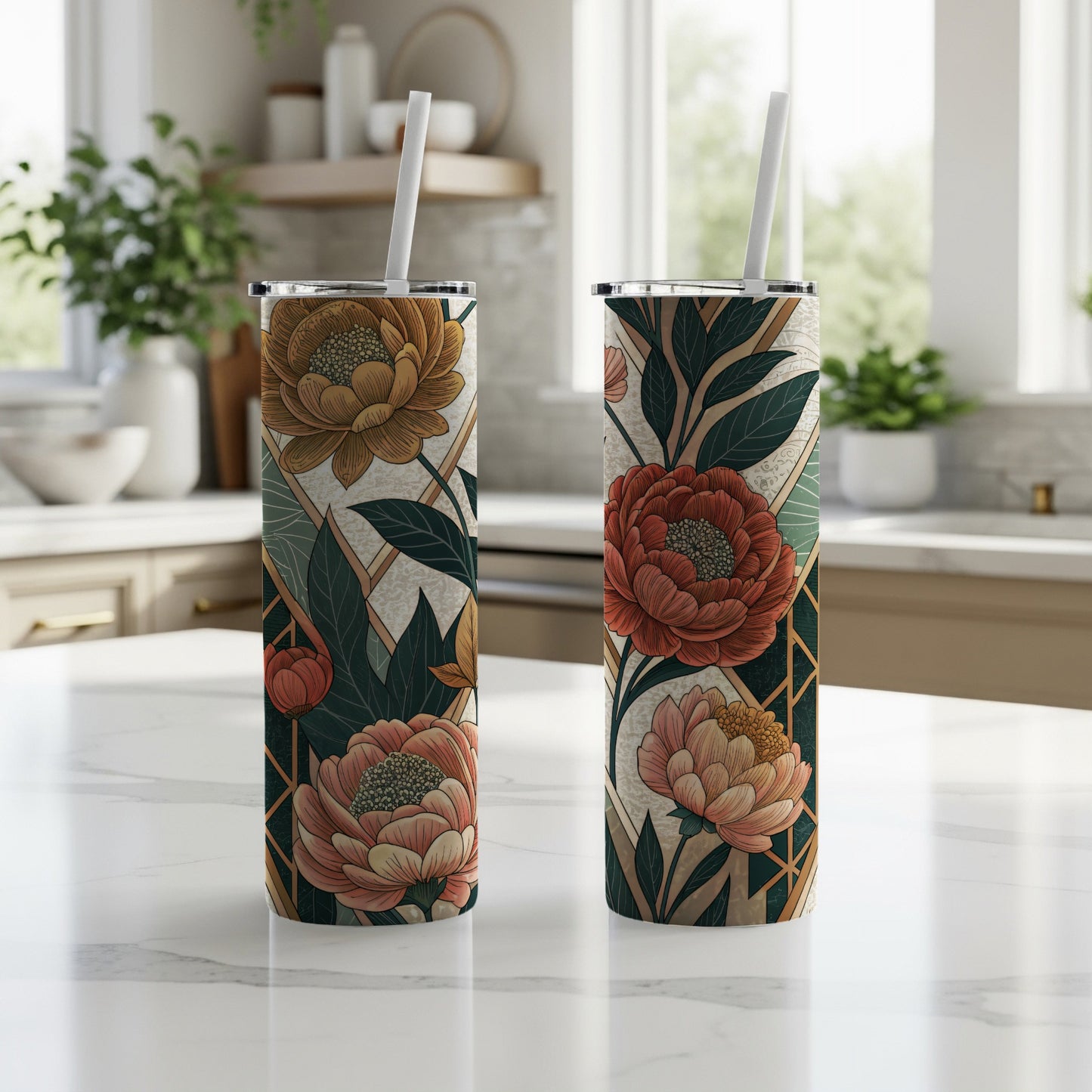 Elegant Floral Arrangement On Geometric Background 20 oz Skinny Tumbler - Walk Greener