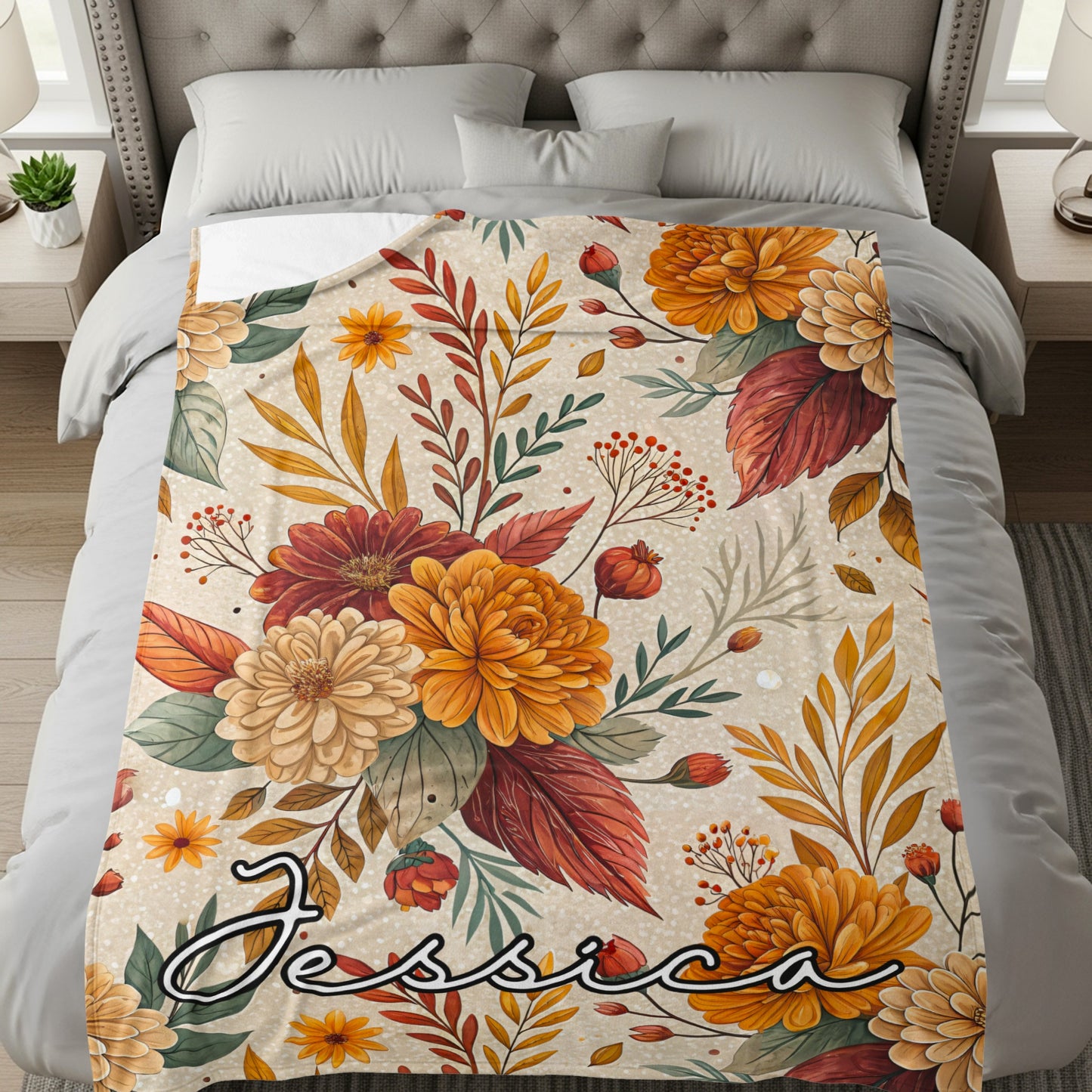Floral Autumn Themed Personalized Blanket with Name Jessica