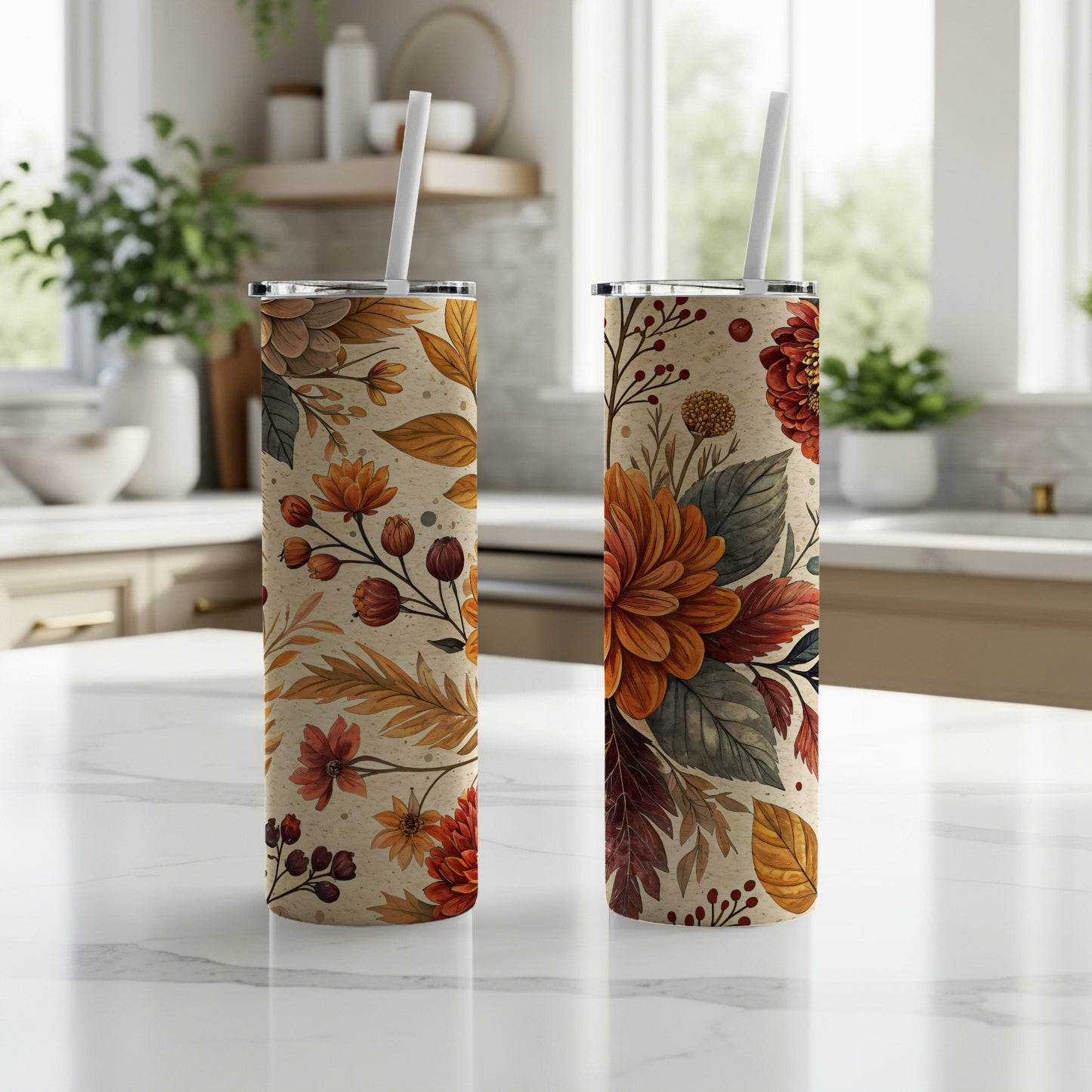 Floral Autumn Design Insulated Tumbler with Straw