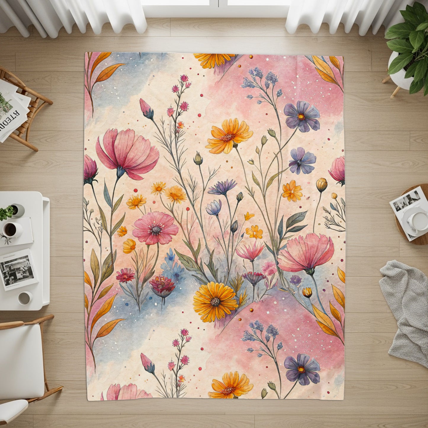 Watercolor Meadow Flowers on Light Background Velveteen Plush Blankets - Walk Greener