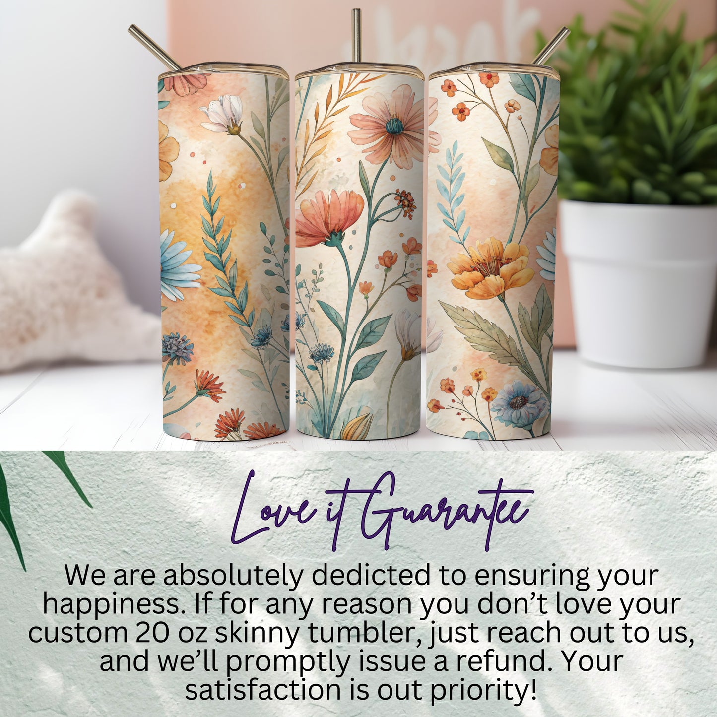 Floral Watercolor Design with Pastel Colors 20 oz Skinny - Walk Greener