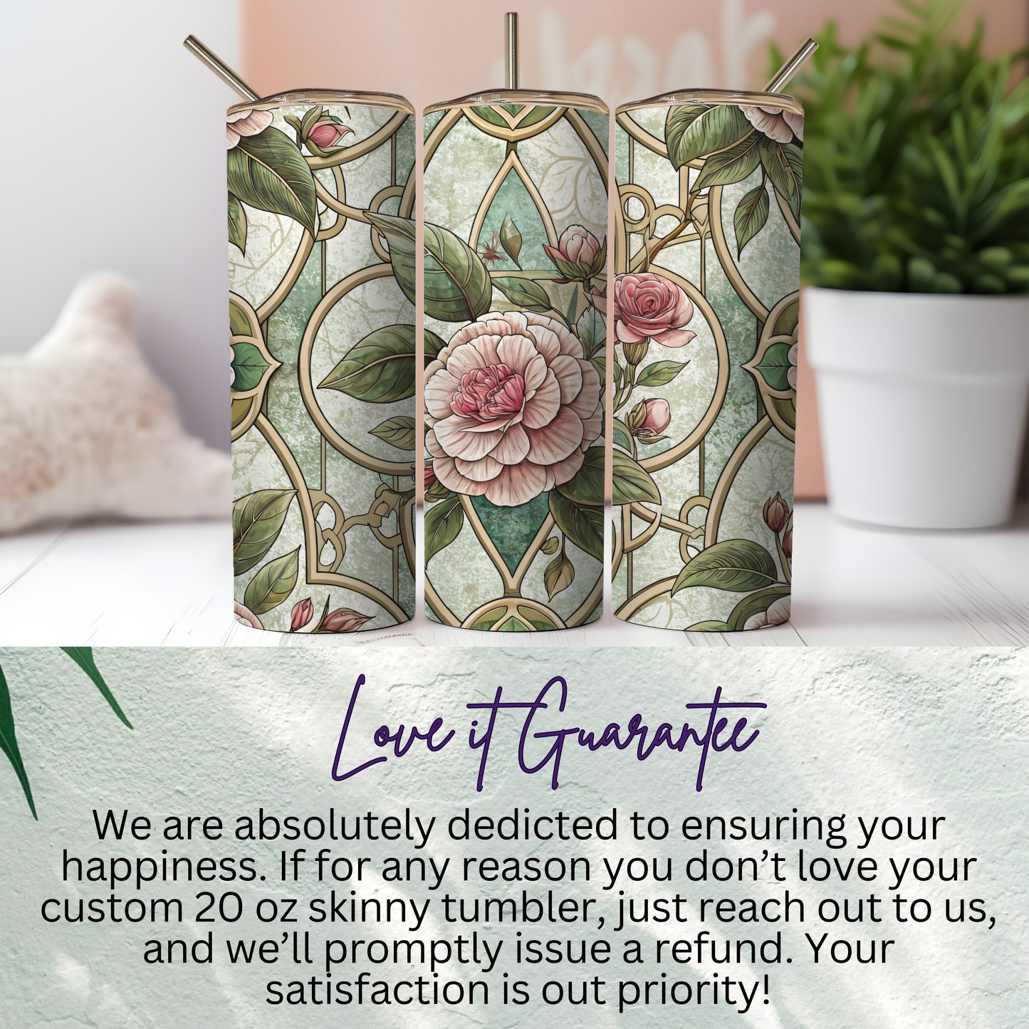 Ornate Floral Pattern In Stained Glass Style 20 oz Skinny Tumbler - Walk Greener