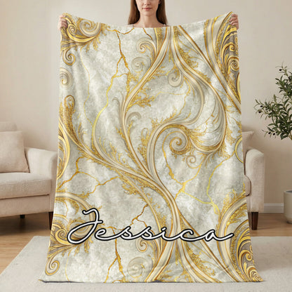 Custom Name Elegant Gold and Marble Texture Blanket