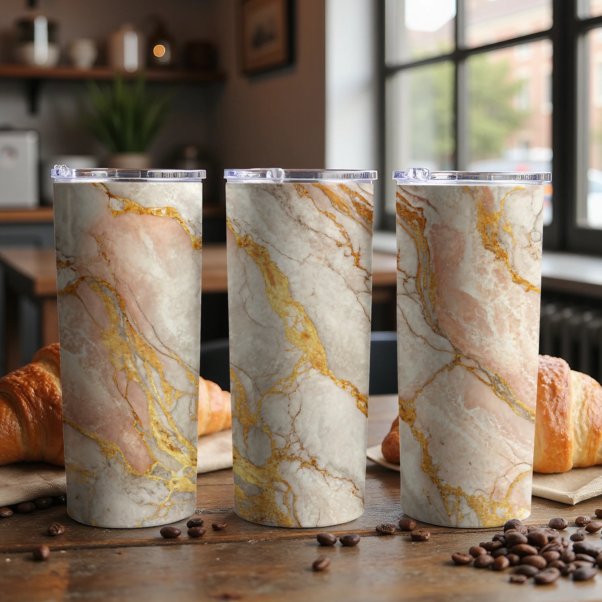 Elegant Marble Tumbler with Gold Veins Travel Mug Set