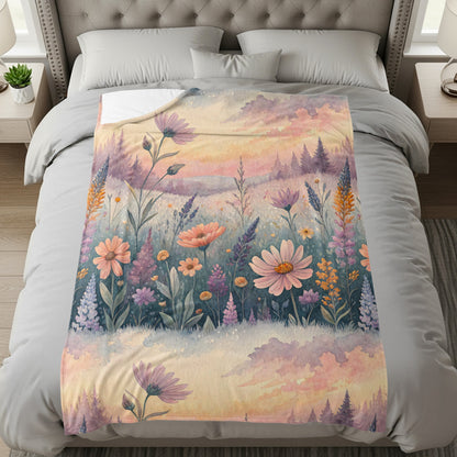 Floral Watercolor Meadow with Sunset Hues Velveteen Plush Blankets - Walk Greener