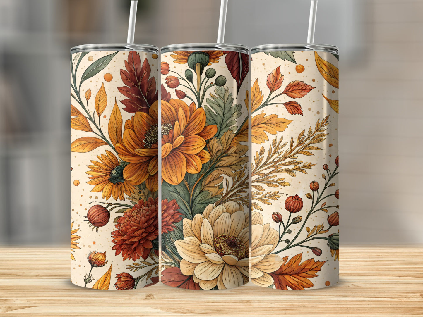 Autumn Floral Insulated Tumbler with Straw Drinkware