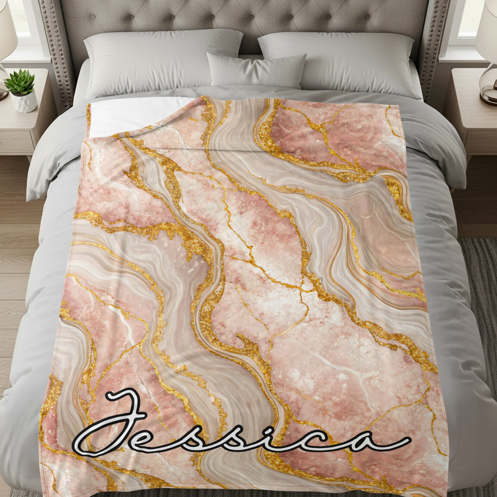 Marble Texture with Custom Name Elegant Design Custom Blanket - Walk Greener