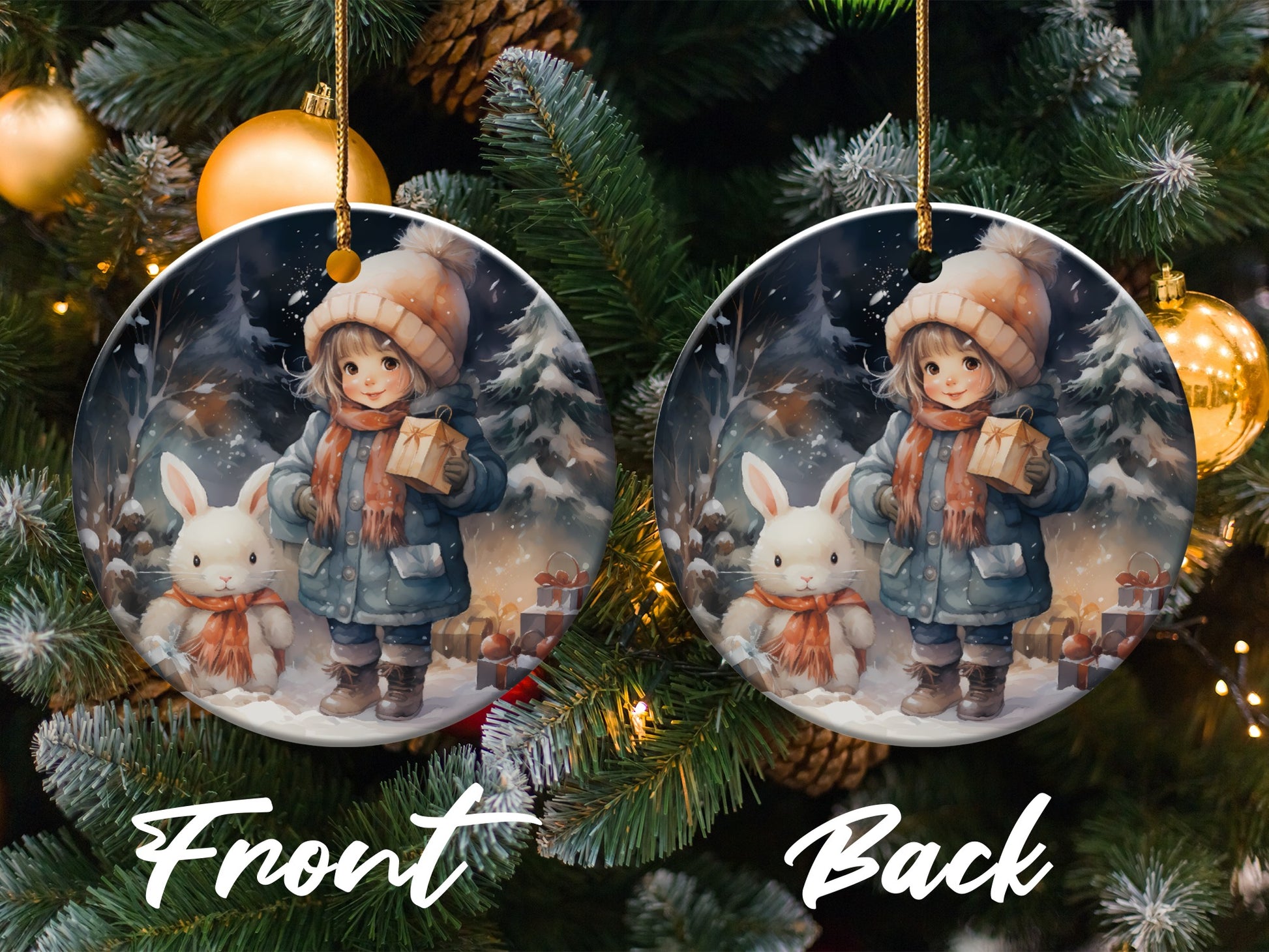 Snowy Winter Scene with Child and Bunny ornament product type