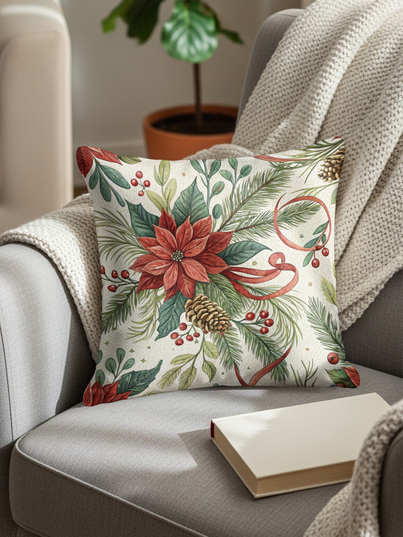 Festive Christmas Poinsettia and Pinecone Pillow