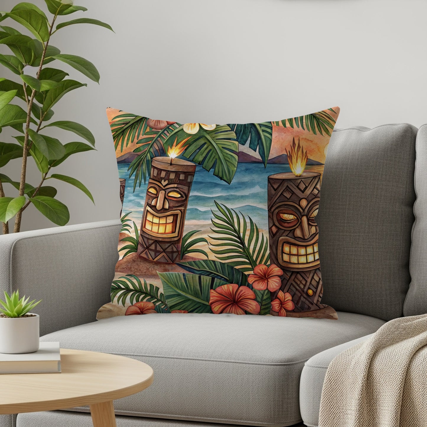 Tropical Tiki Candle Beachside Sunset Illustration Pillows & Pillow Cases - Walk Greener