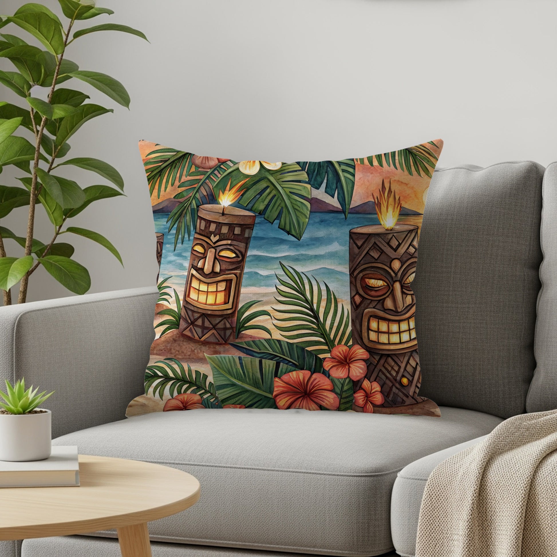 Tropical Tiki Candle Beachside Sunset Illustration Pillows & Pillow Cases - Walk Greener