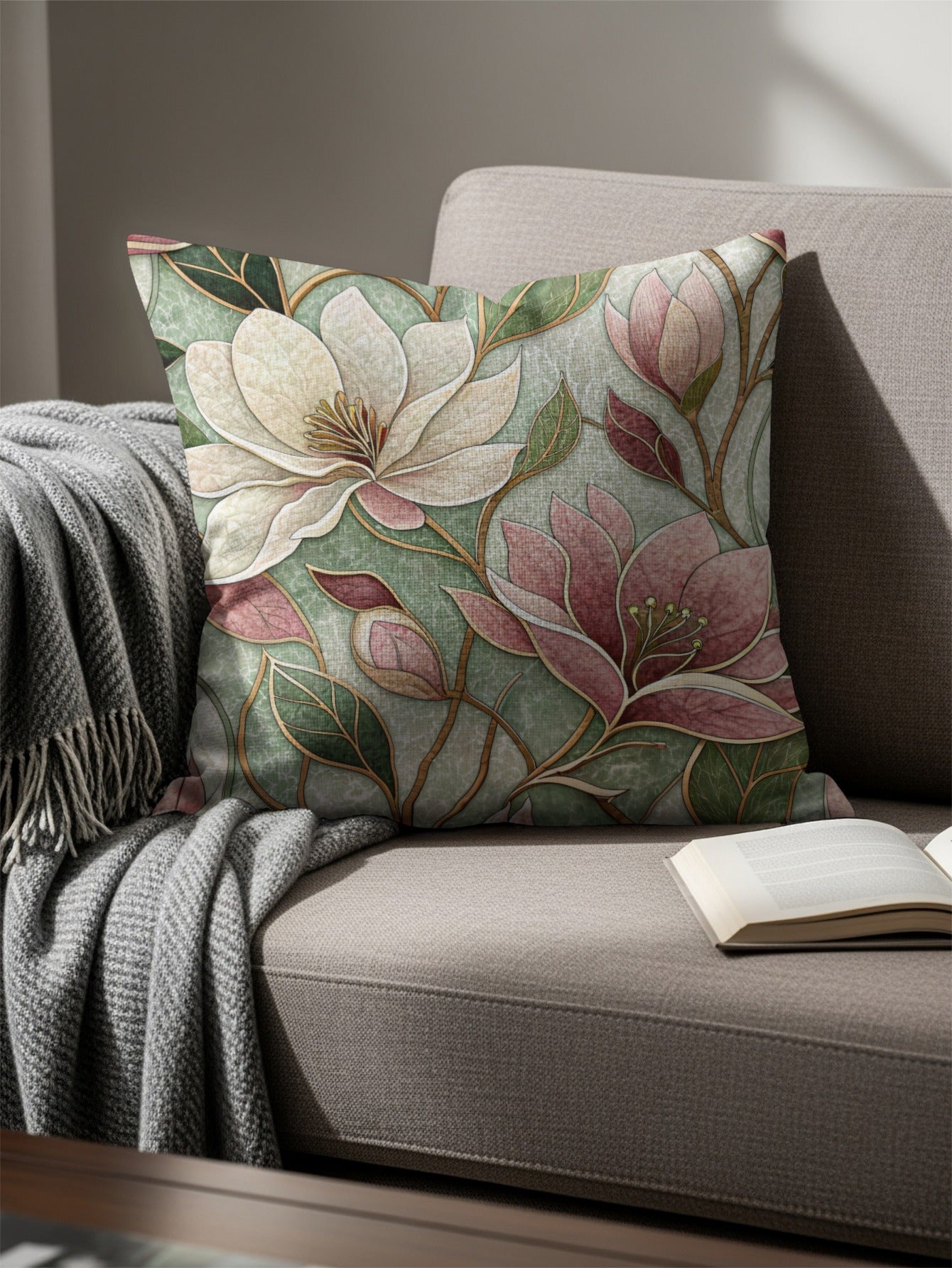 Floral Magnolias On Green Background Pattern Throw Pillows - Walk Greener