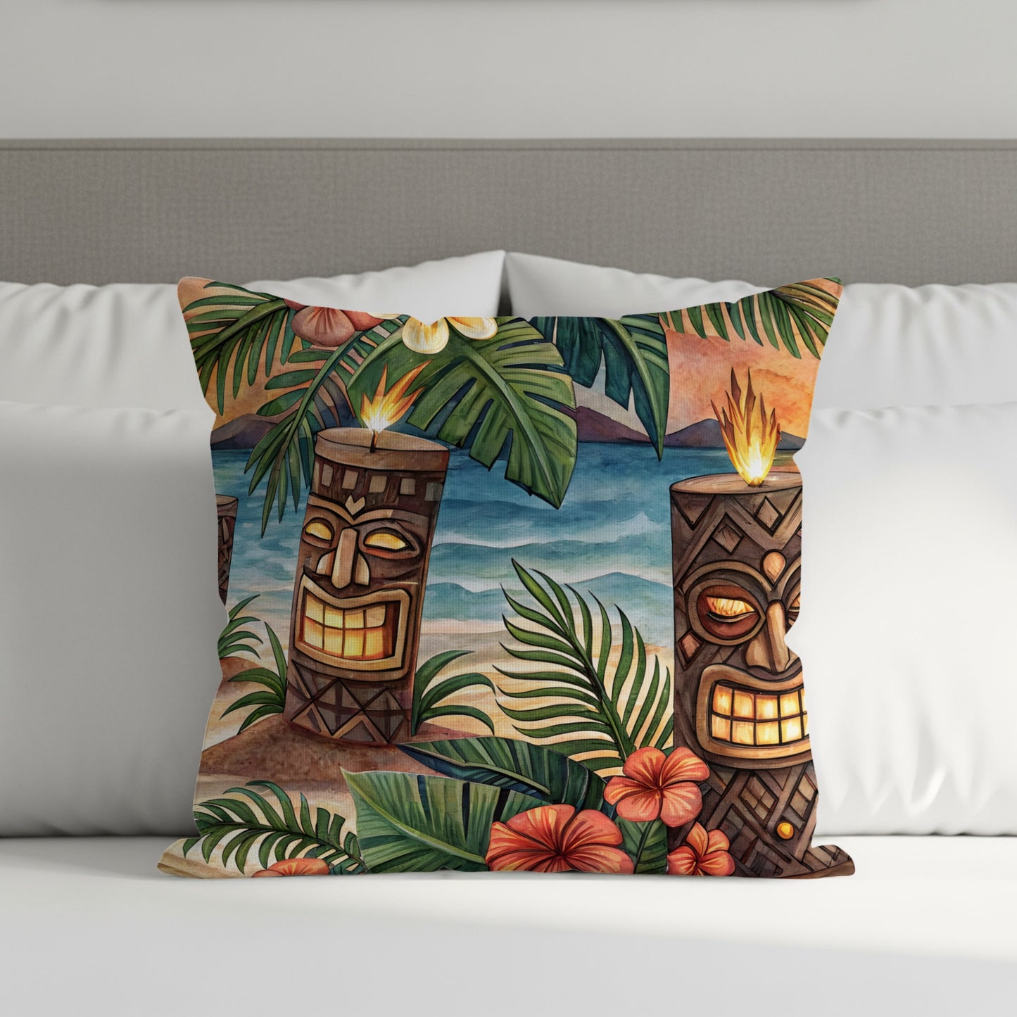 Tropical Tiki Candle Beachside Sunset Illustration Pillows & Pillow Cases - Walk Greener