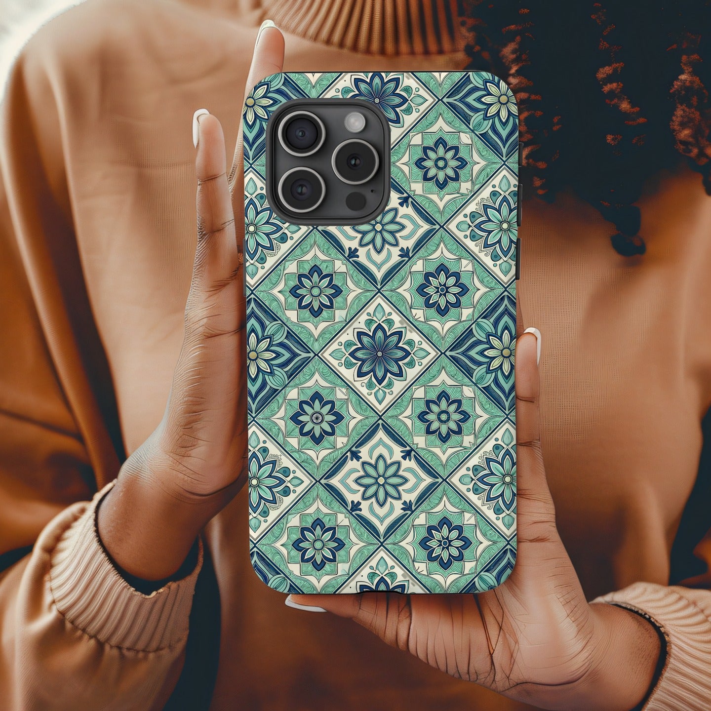 Elegant Floral Tile Design Blue Aqua Custom Phone Case - Walk Greener