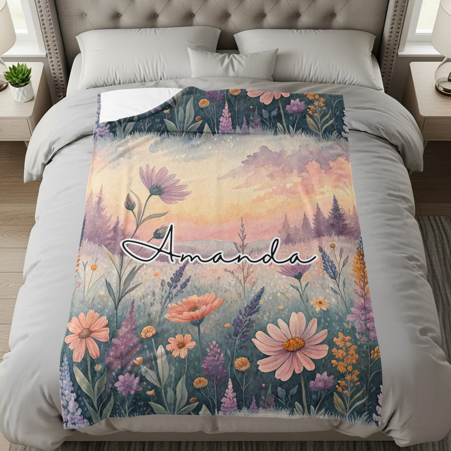 Personalized Floral Design Blanket with Name Amanda