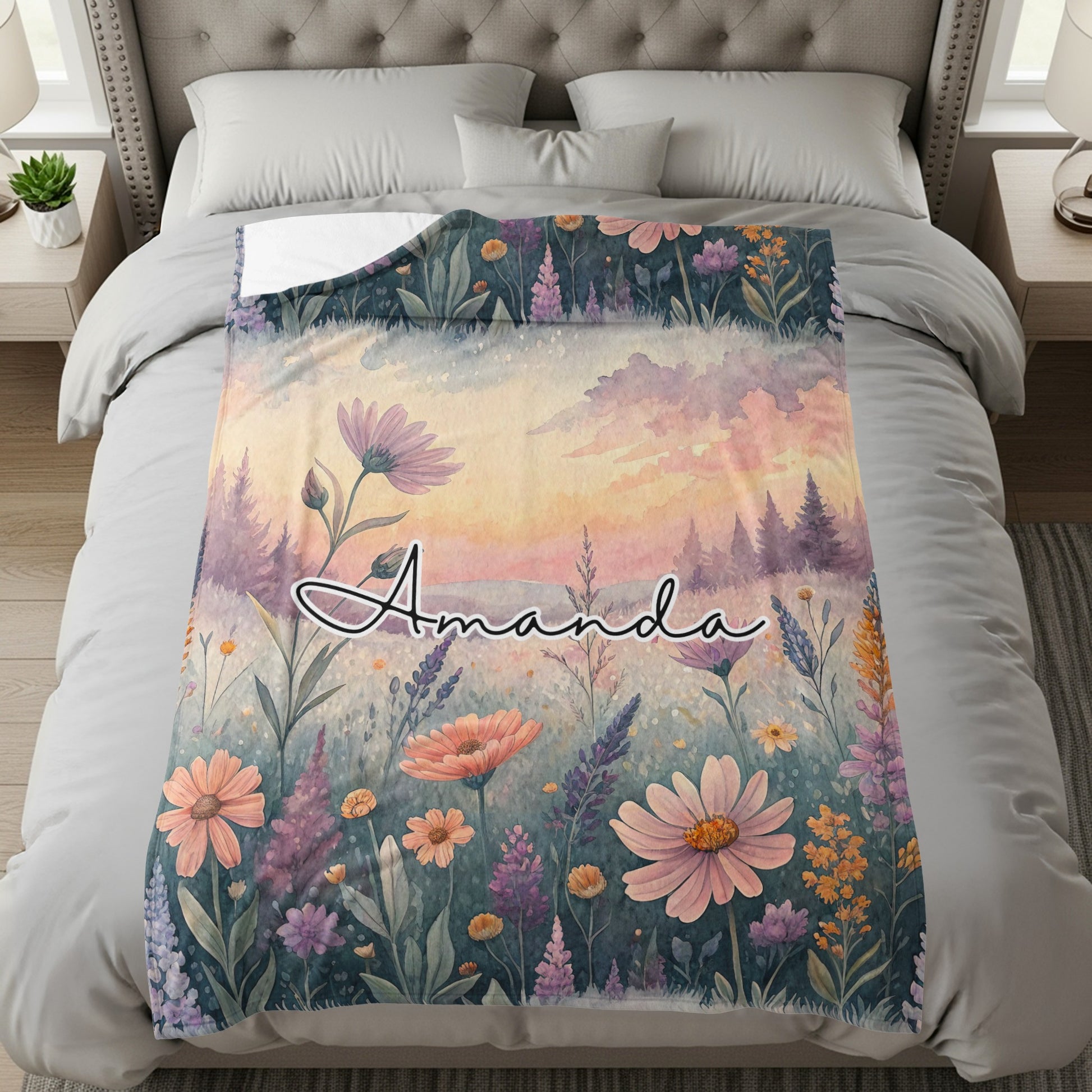 Personalized Floral Design Blanket with Name Amanda