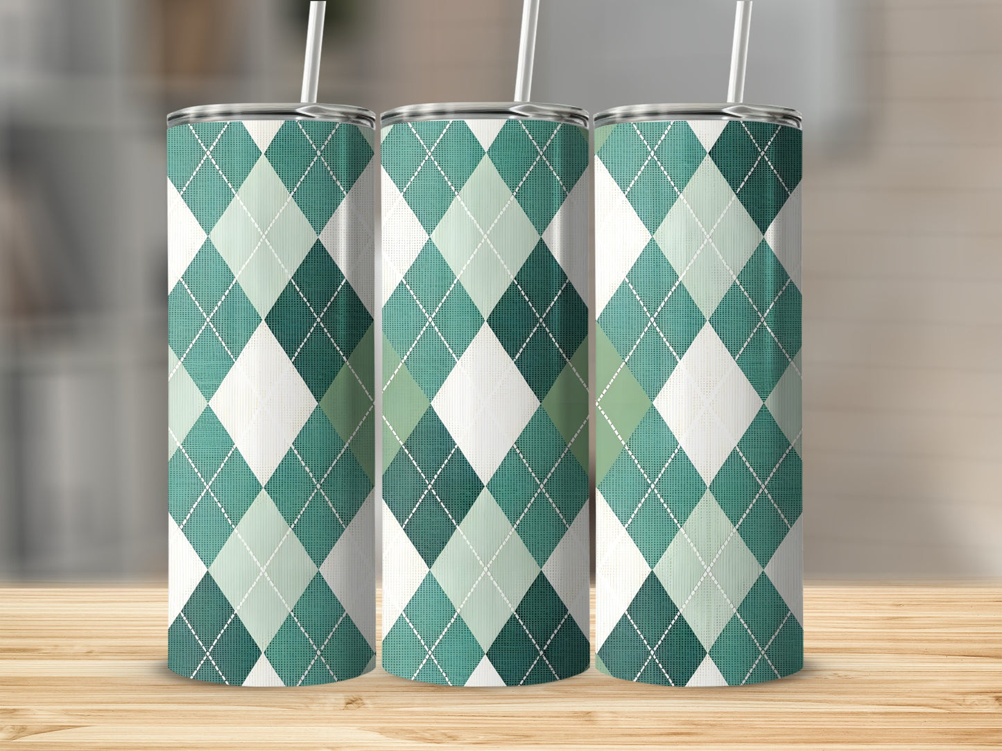 Green and White Argyle Pattern Tumbler Cups
