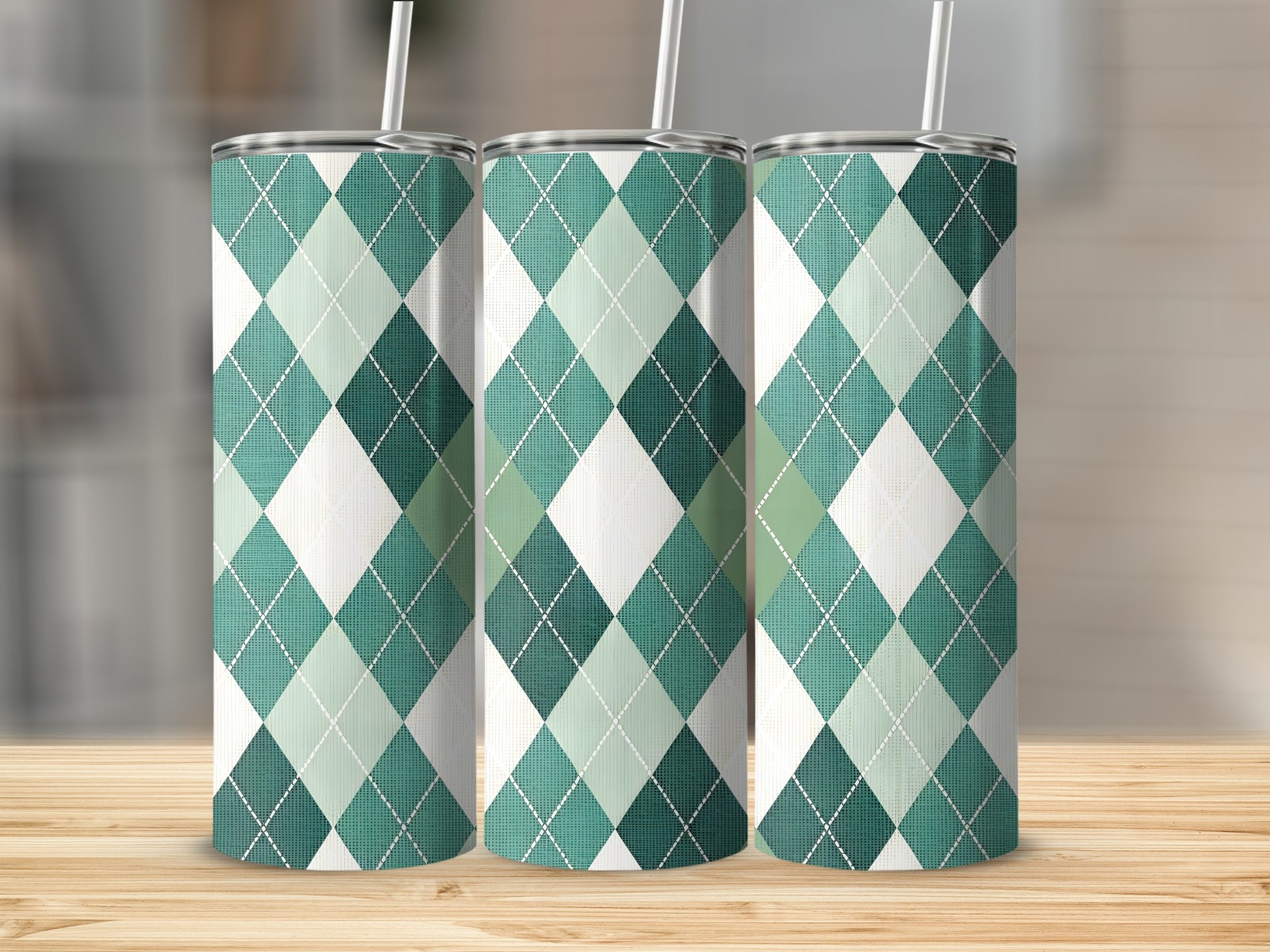 Green and White Argyle Pattern Tumbler Cups