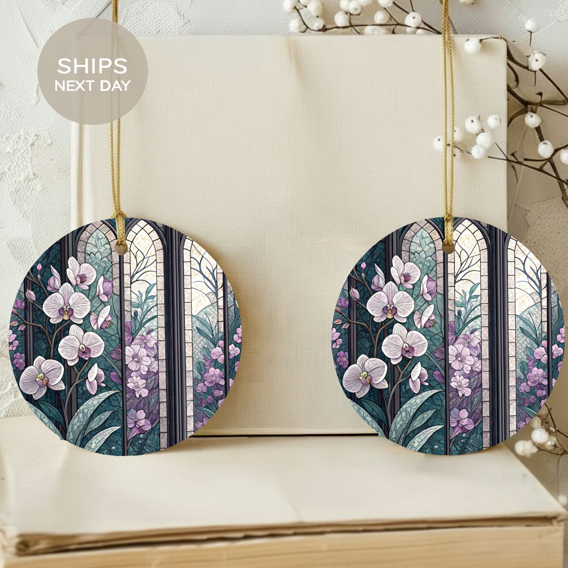 Stained Glass Orchid Design Hanging Ornament Set