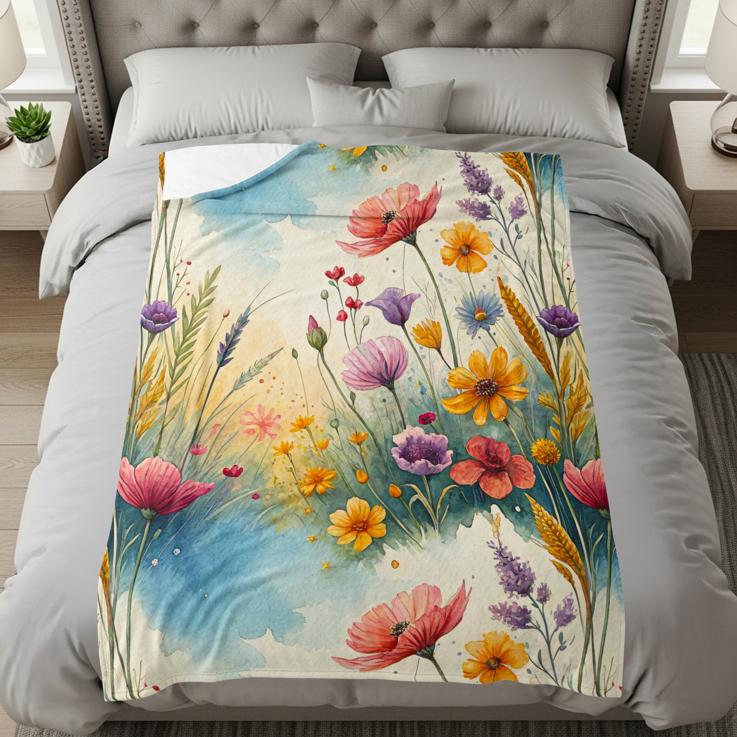 Watercolor Wildflower Meadow In Bloom Dreamscape Art Velveteen Plush Blankets - Walk Greener