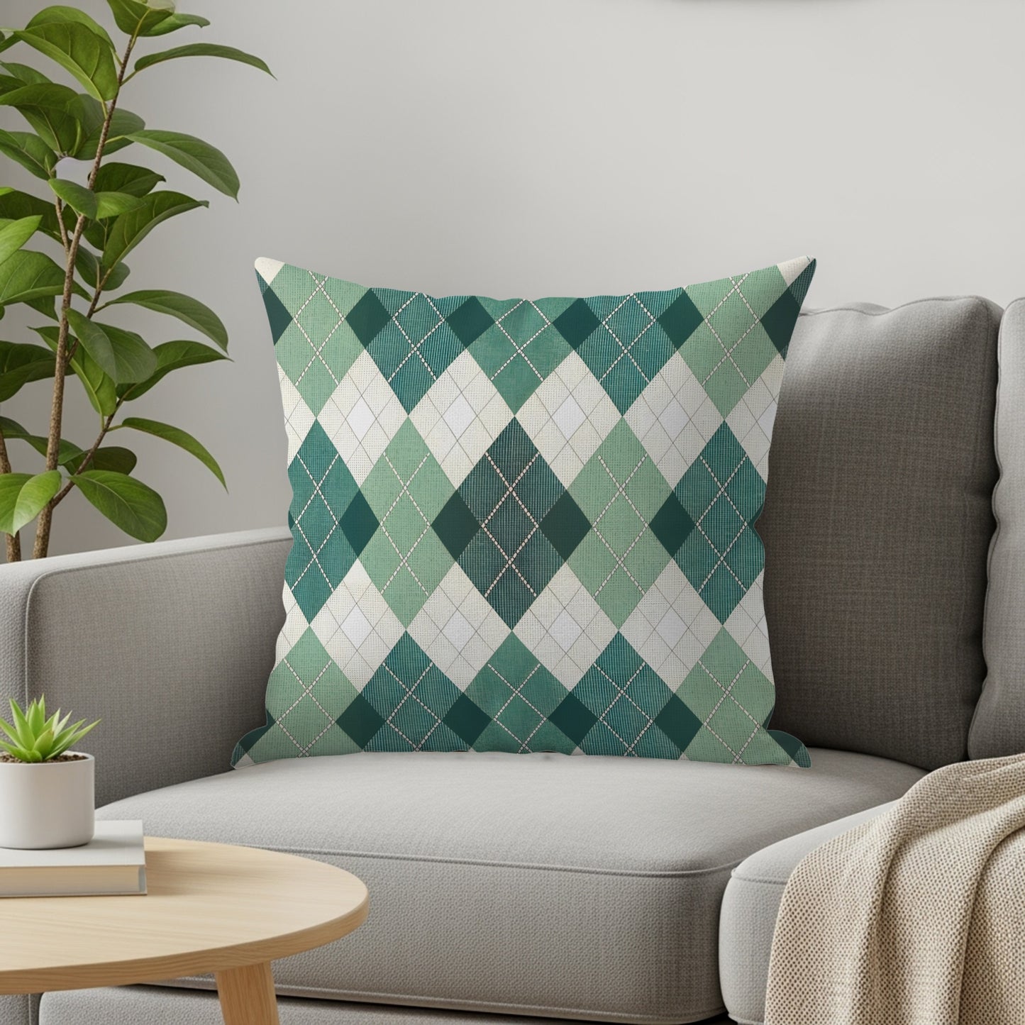 Stylish Green and White Argyle Pattern Pillow Product