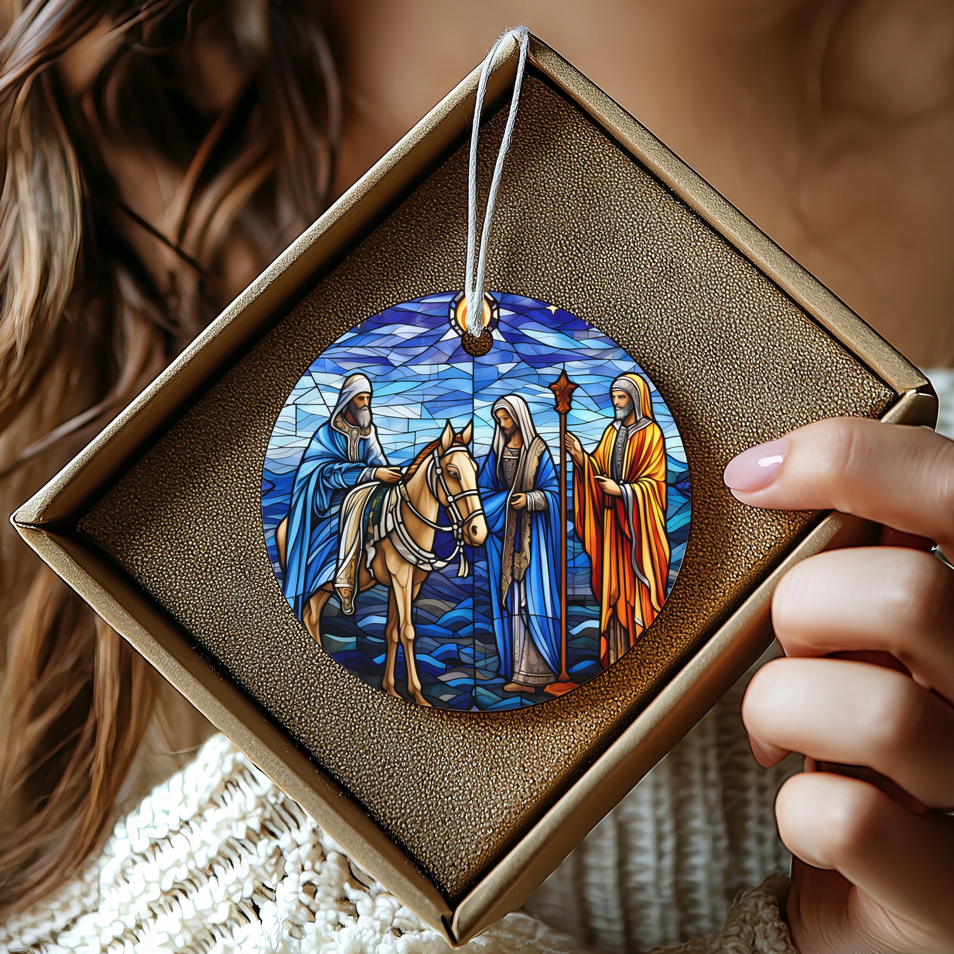 Stained Glass Style Nativity Design Round Ornament product