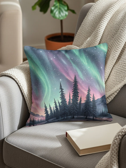 Aurora Borealis Starry Night Sky Forest Scene pillow