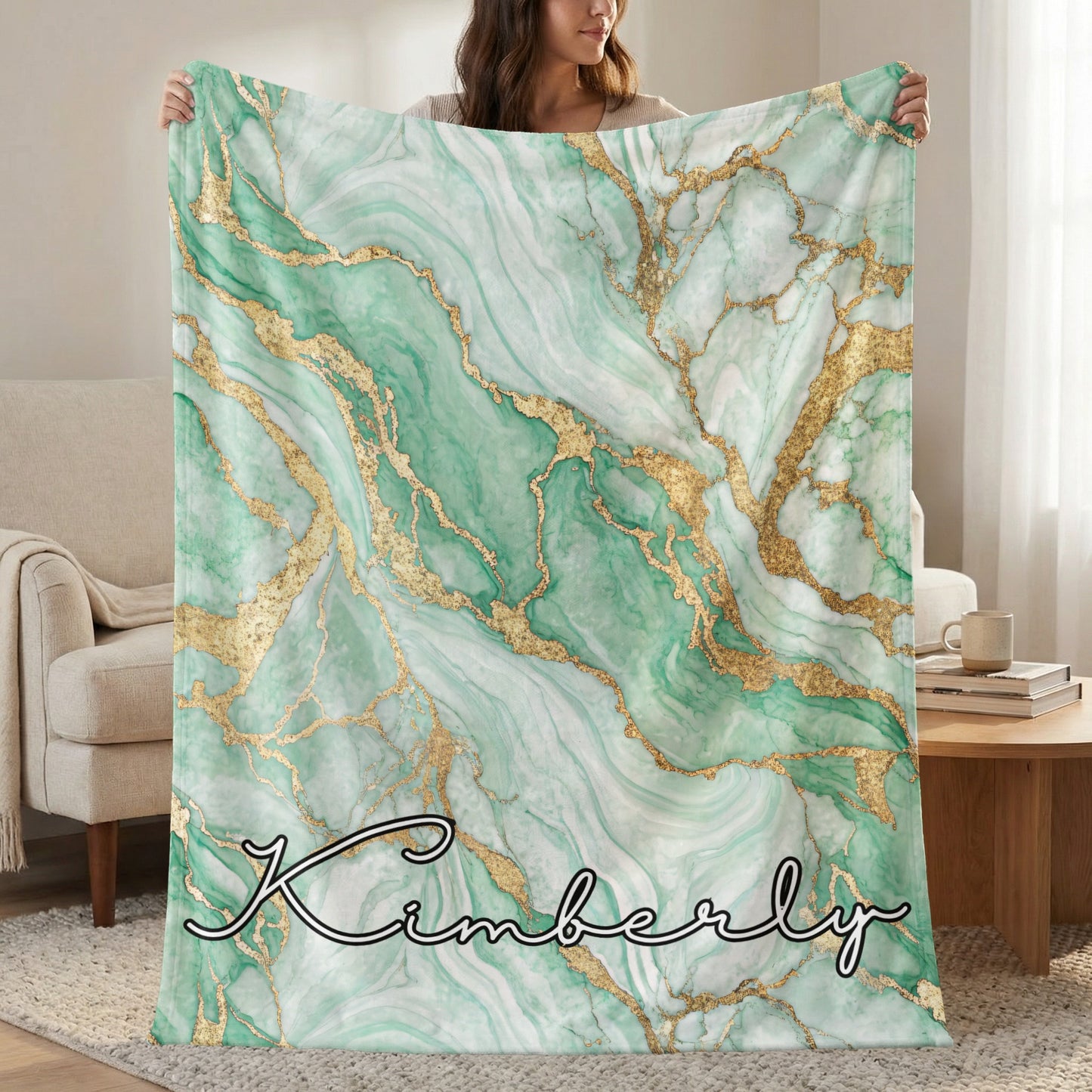 Personalized Soft Green Marble Design Throw Blanket