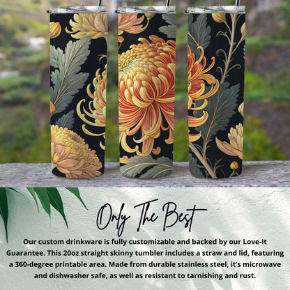 Yellow Orange Chrysanthemum Floral Artwork on Black Tumblers - Walk Greener