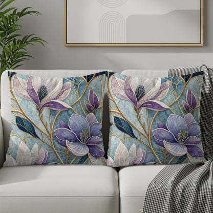 Elegant Floral Mosaic Blue and Purple Flowers Throw Pillows - Walk Greener