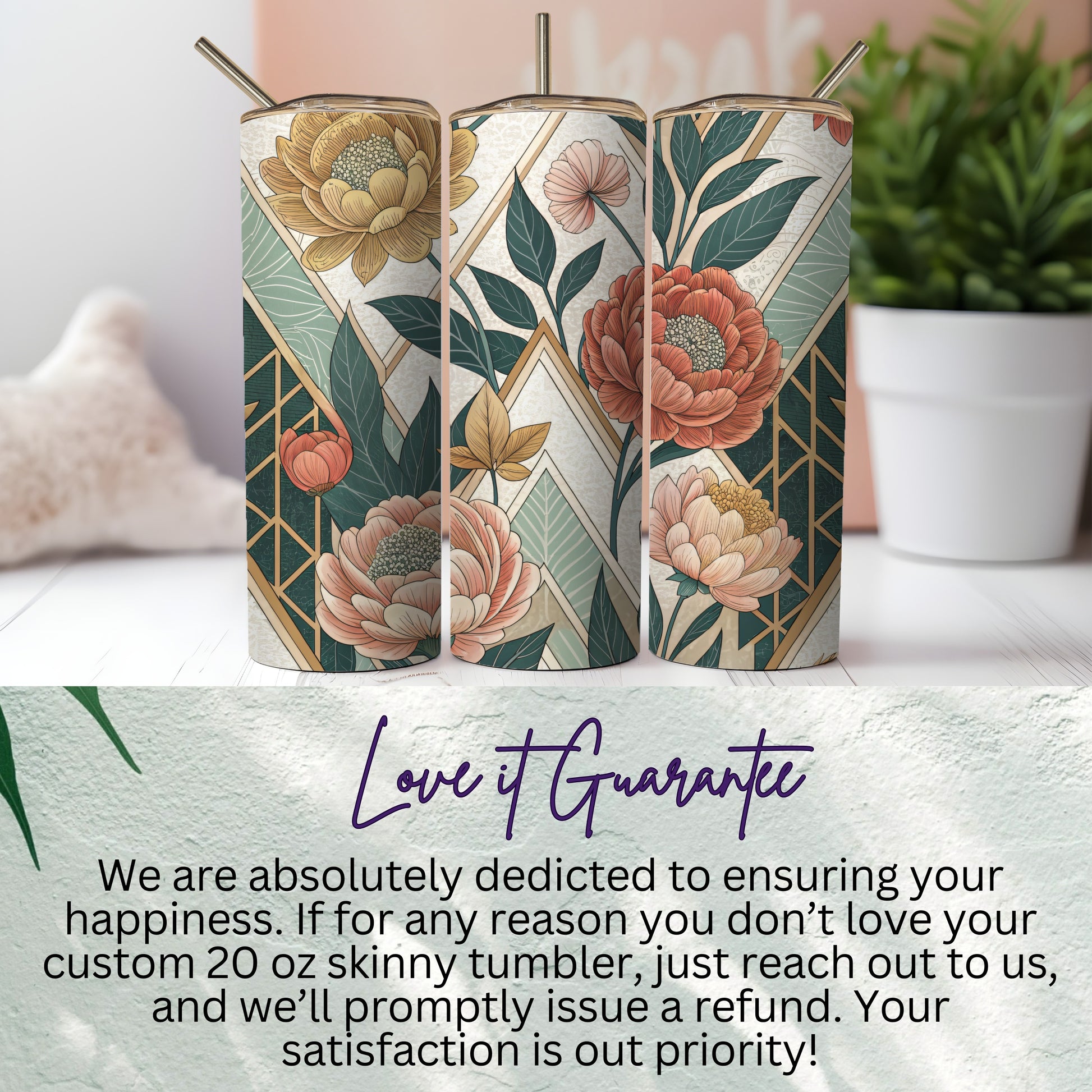 Elegant Floral Arrangement On Geometric Background 20 oz Skinny Tumbler - Walk Greener