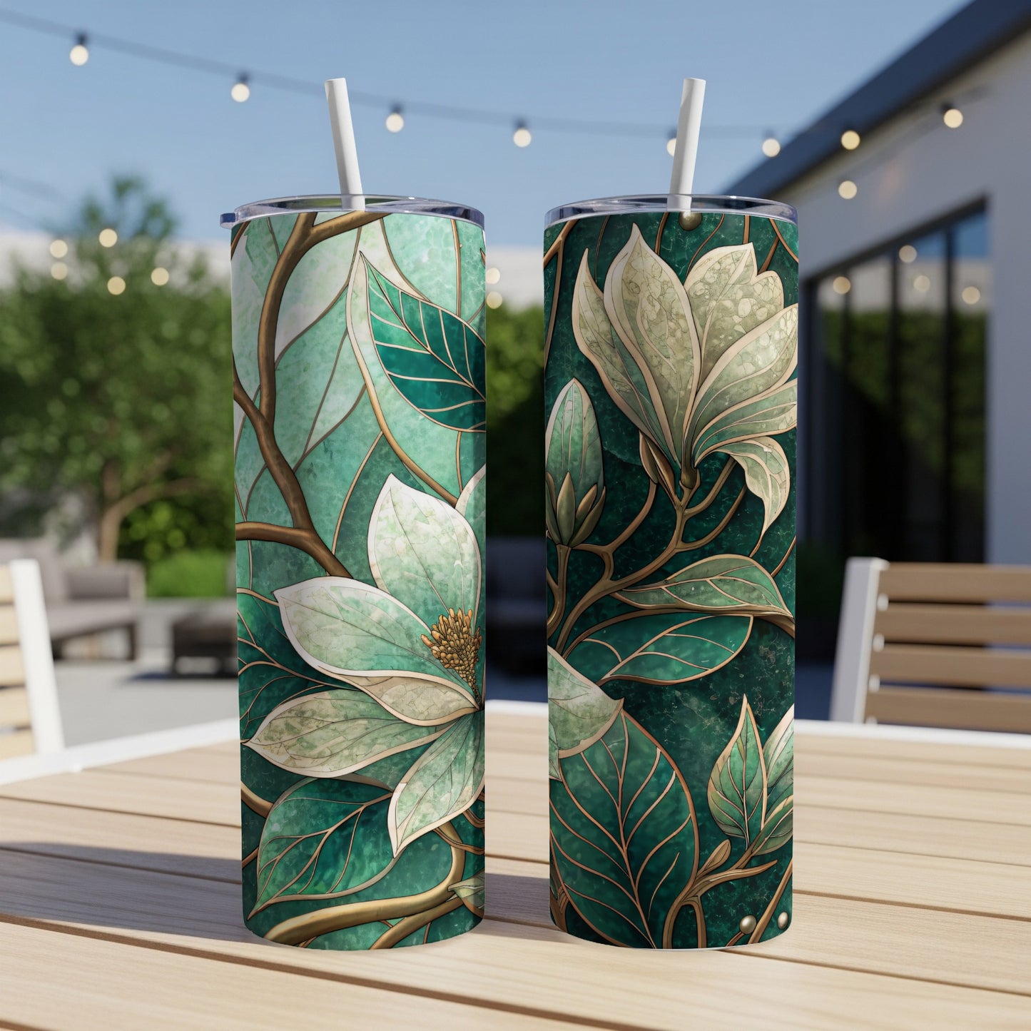 Floral Fantasy With Emerald Leaves and Ivory Flowers 20 oz Skinny Tumbler - Walk Greener