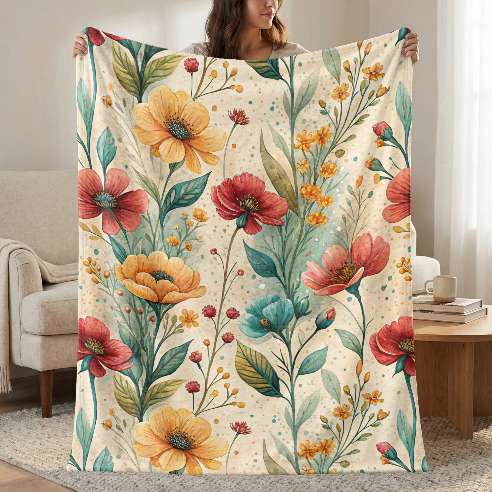 Floral Pattern with Watercolor Style Velveteen Plush Blankets - Walk Greener