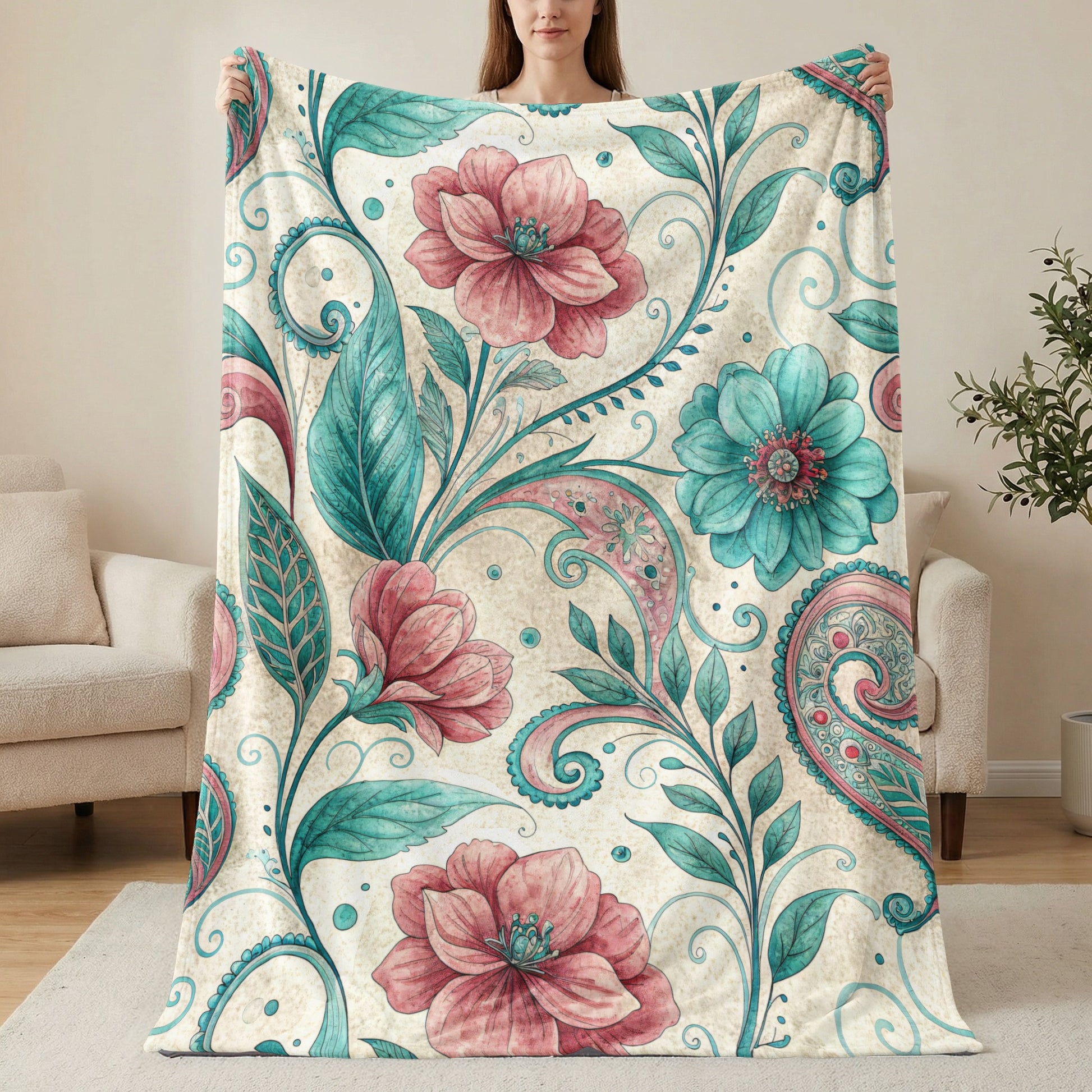 Floral Paisleys in Pink and Teal Watercolor Style Art - Walk Greener