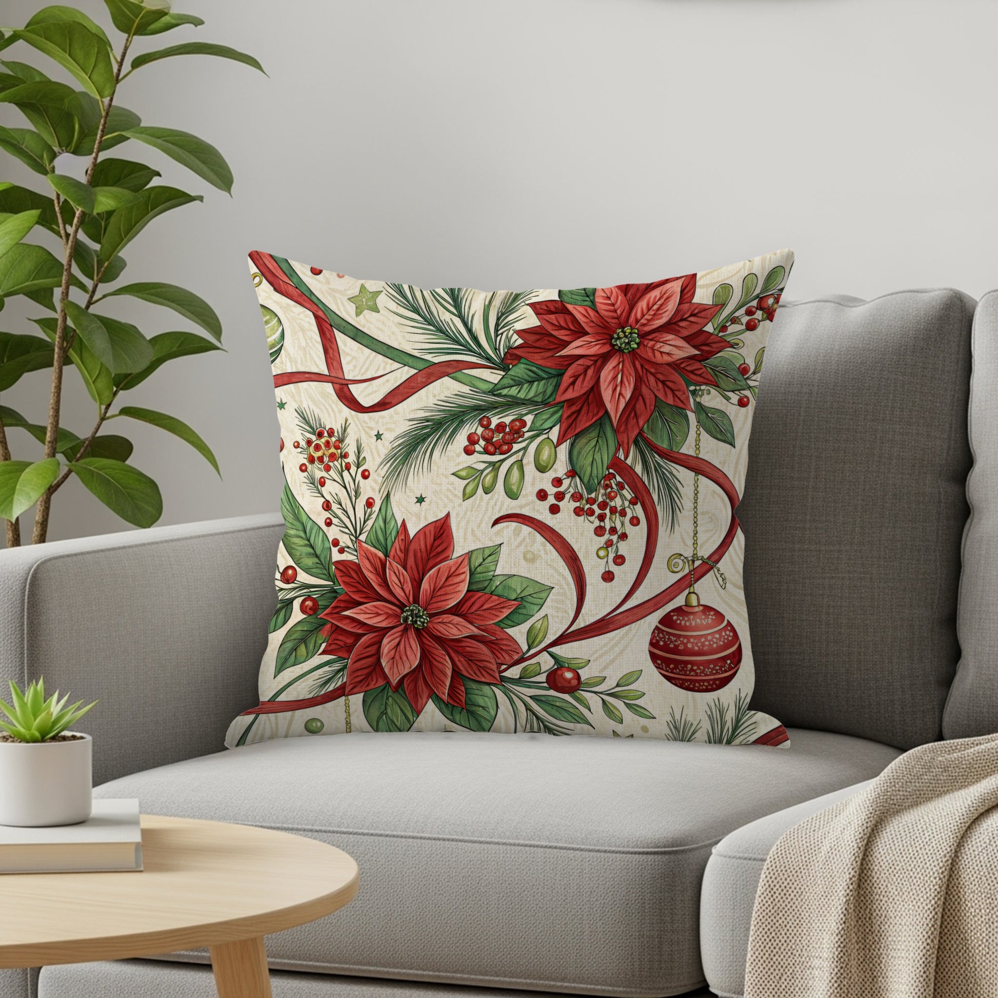 Festive Poinsettia and Berry Design Pillow Cover
