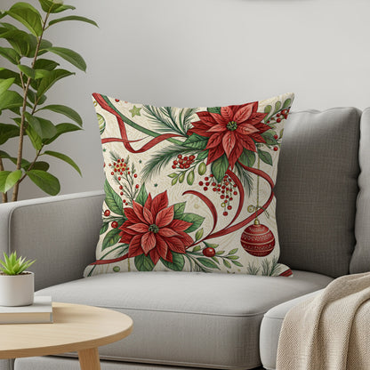 Festive Poinsettia and Berry Design Pillow Cover