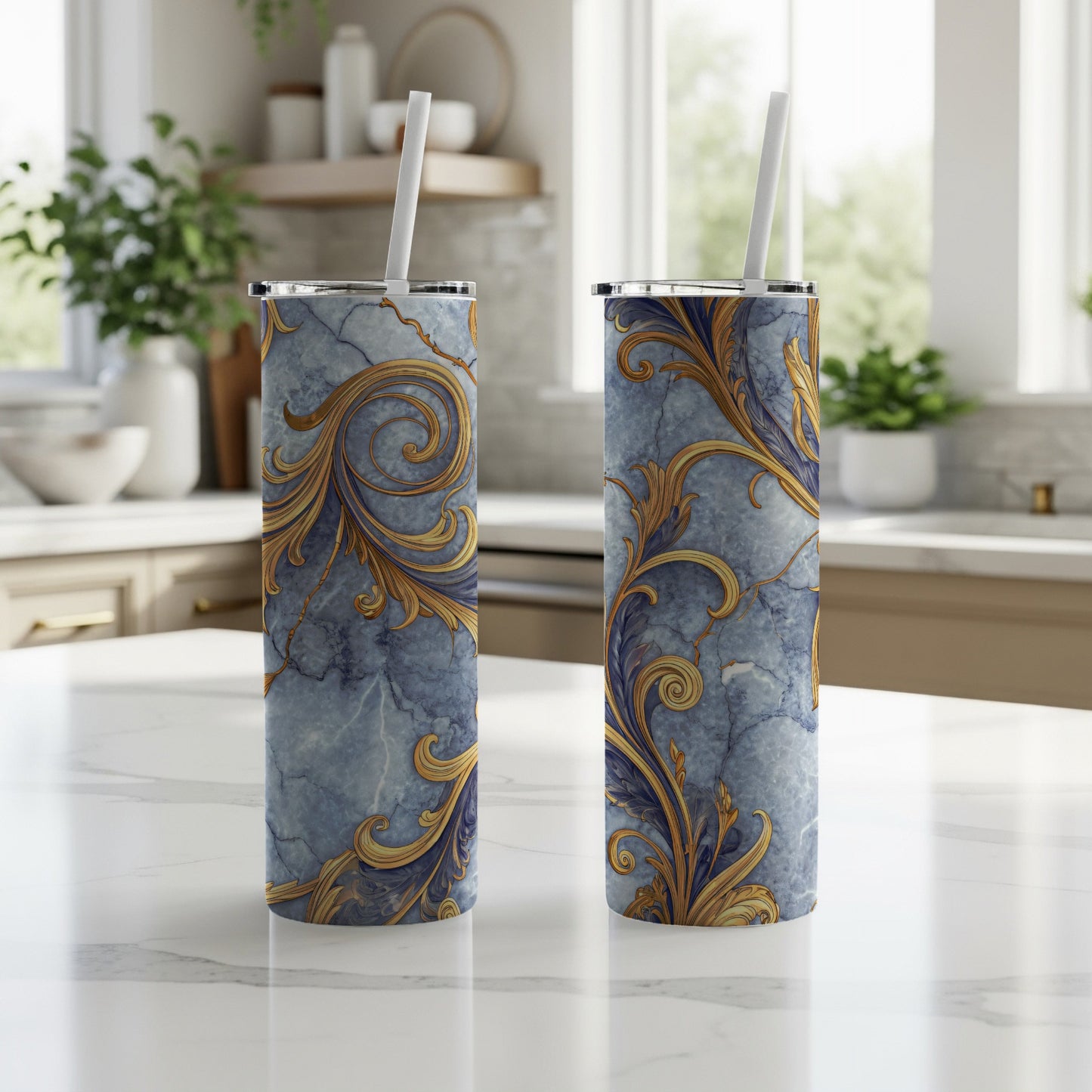 Elegant Blue and Gold Swirl Pattern Tumbler Cup
