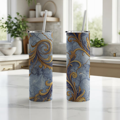 Elegant Blue and Gold Swirl Pattern Tumbler Cup