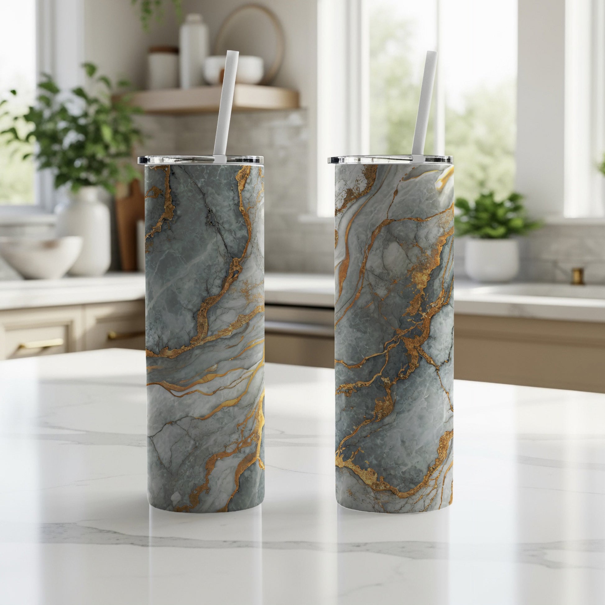 Elegant Marble Design Tumblers with Straw for Modern Kitchens