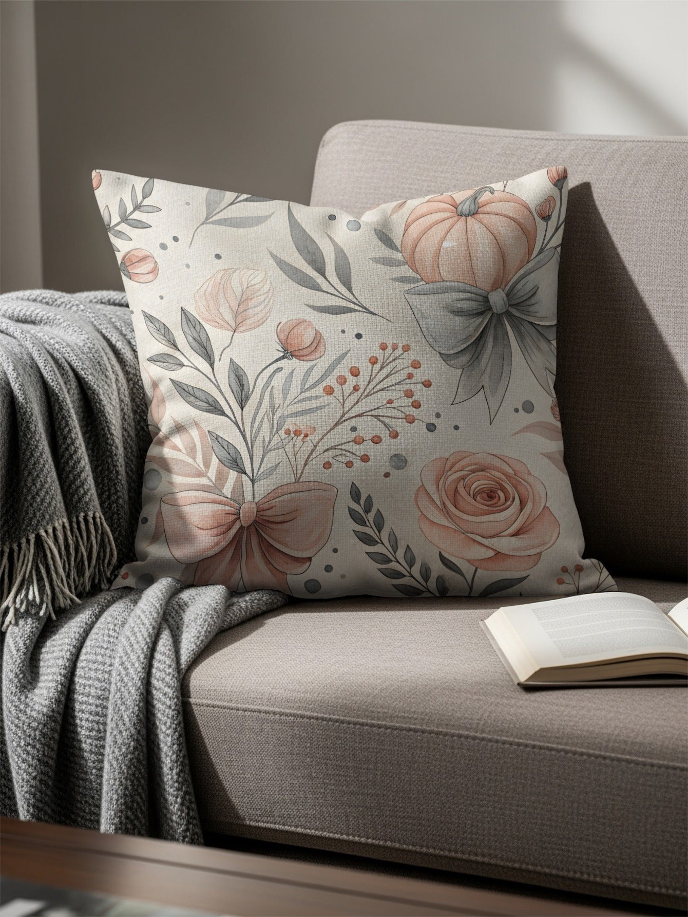 Floral and Pumpkin Design Throw Pillow Merchant