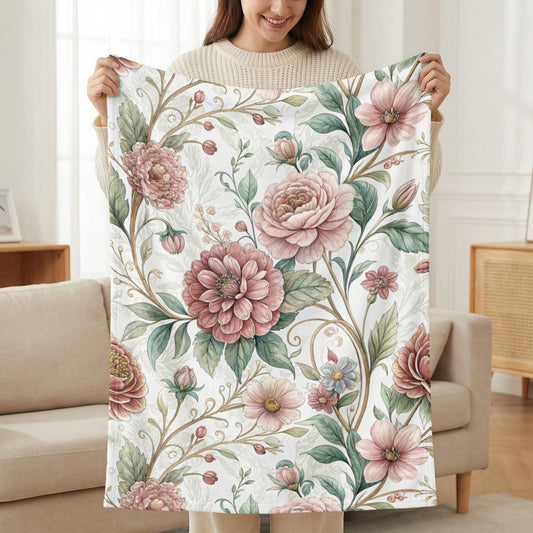 Elegant Botanical Garden Inspired Floral Art Design Velveteen Plush Blankets - Walk Greener