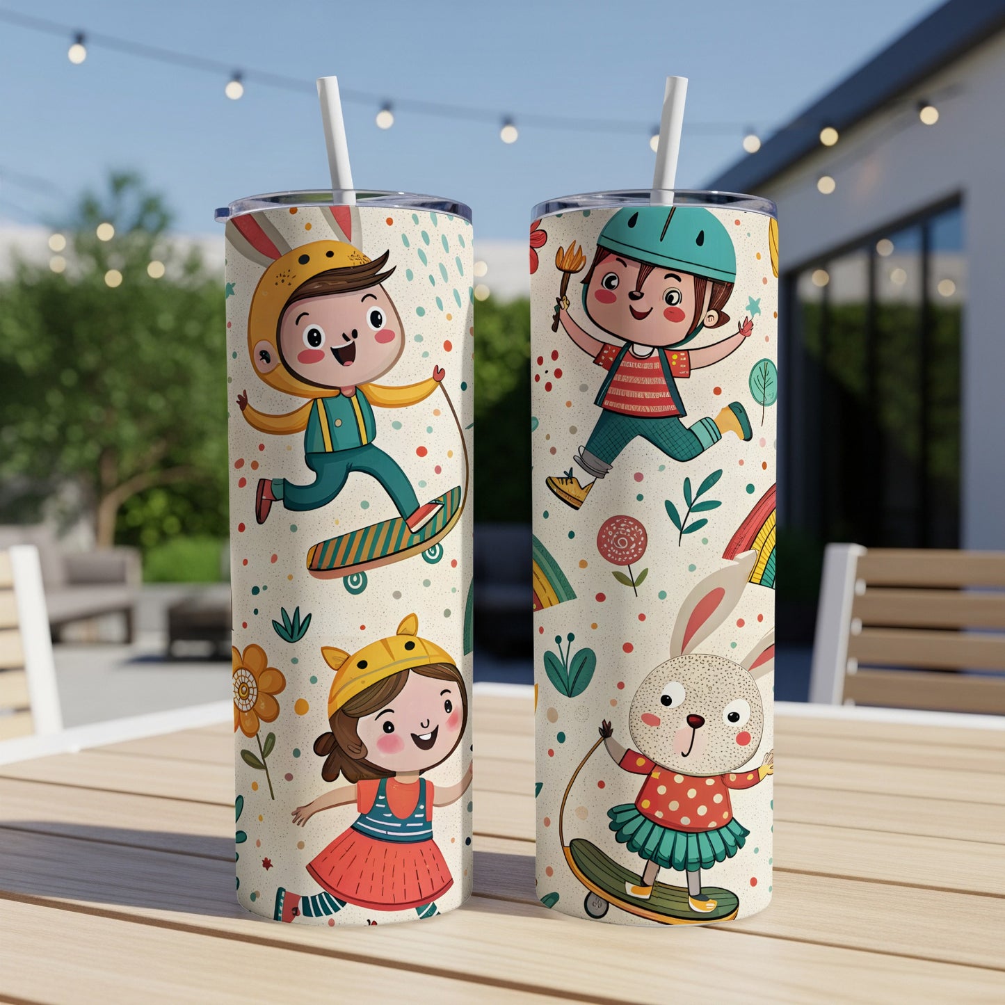 Cute Cartoon Children and Animals Skateboarding Tumbler