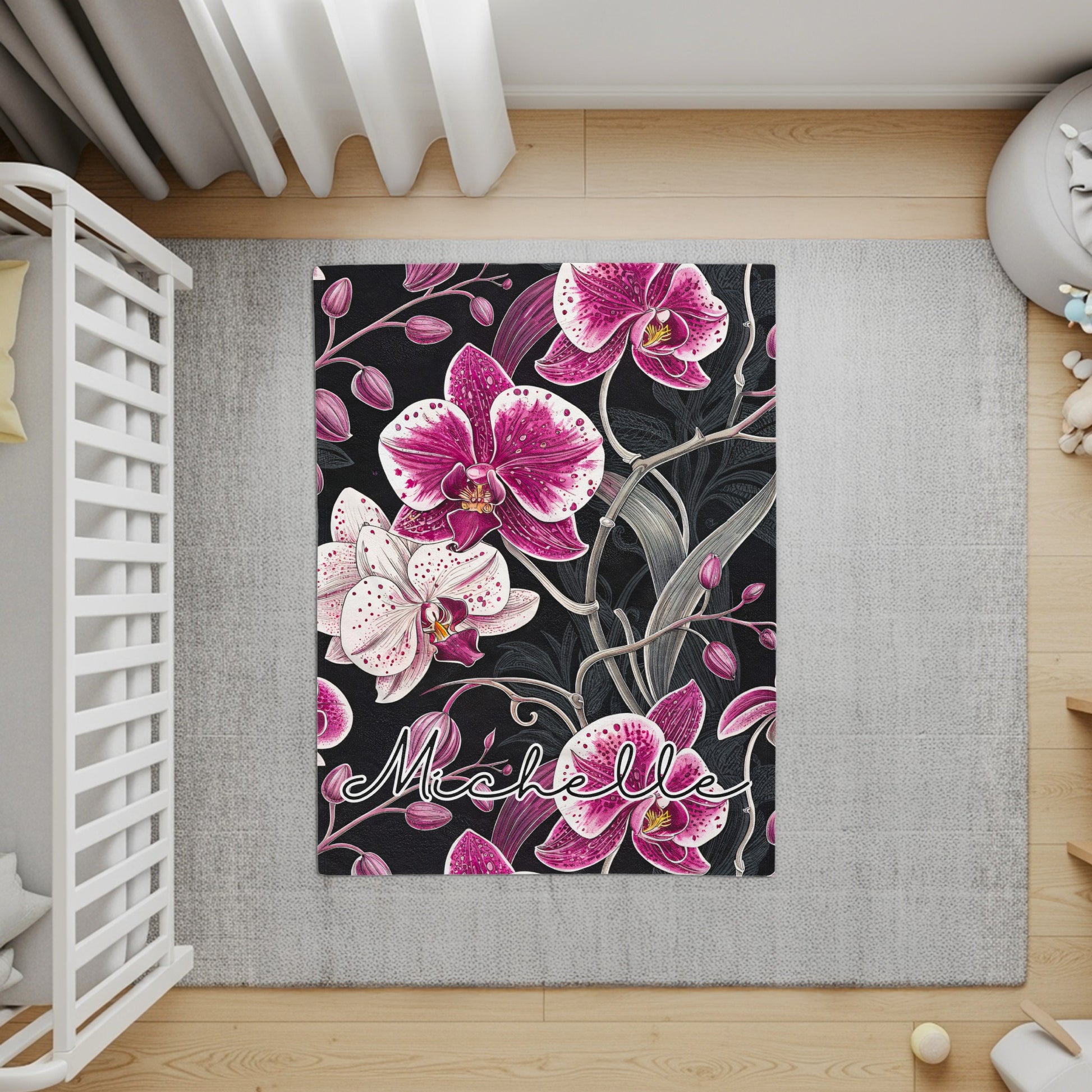 Custom Name Floral Design with Orchids on a Black Backdrop - Walk Greener