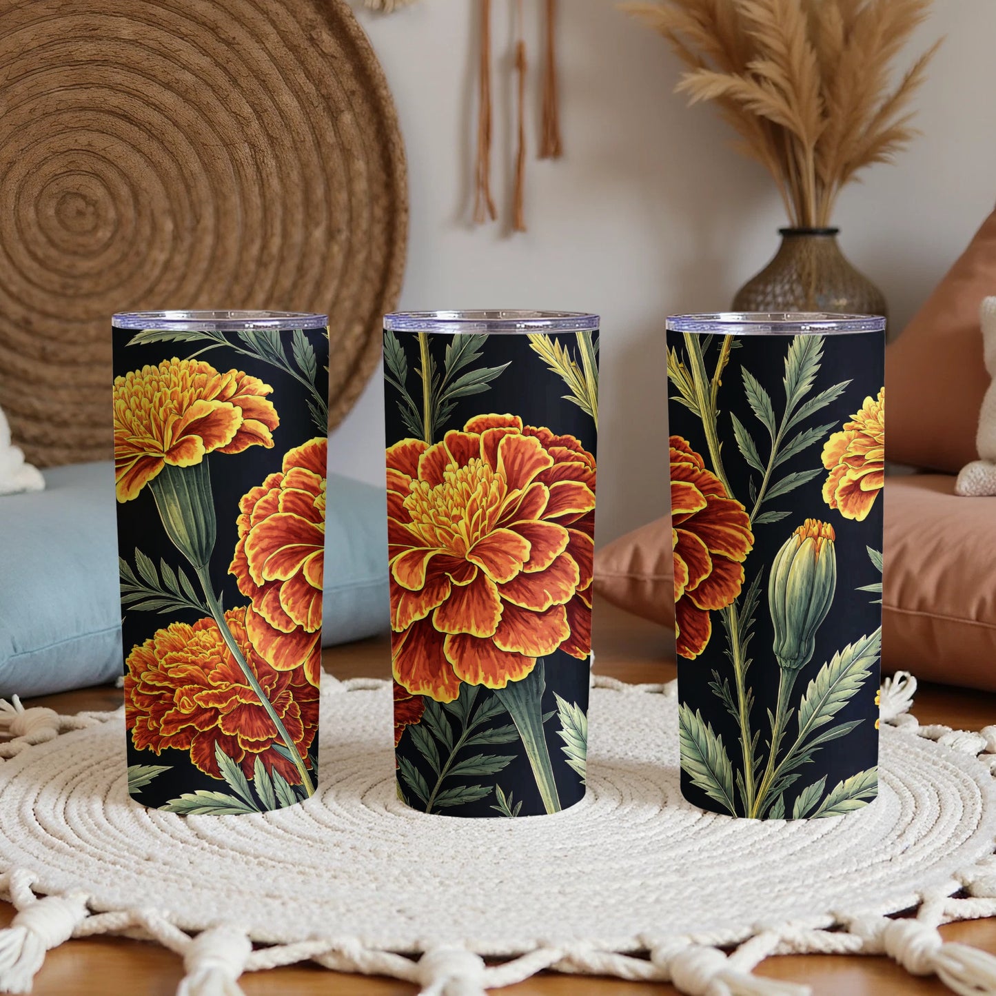 Elegant Black Floral Tumbler with Orange Flowers Design