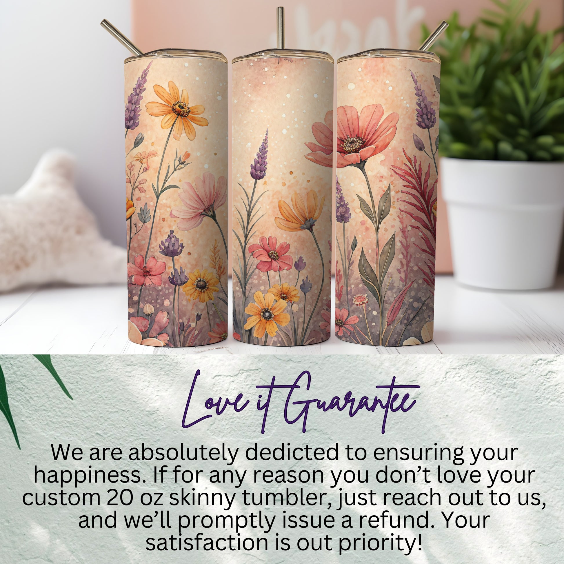 Floral Watercolor Design Artistic Pattern 20 oz Skinny Tumbler - Walk Greener