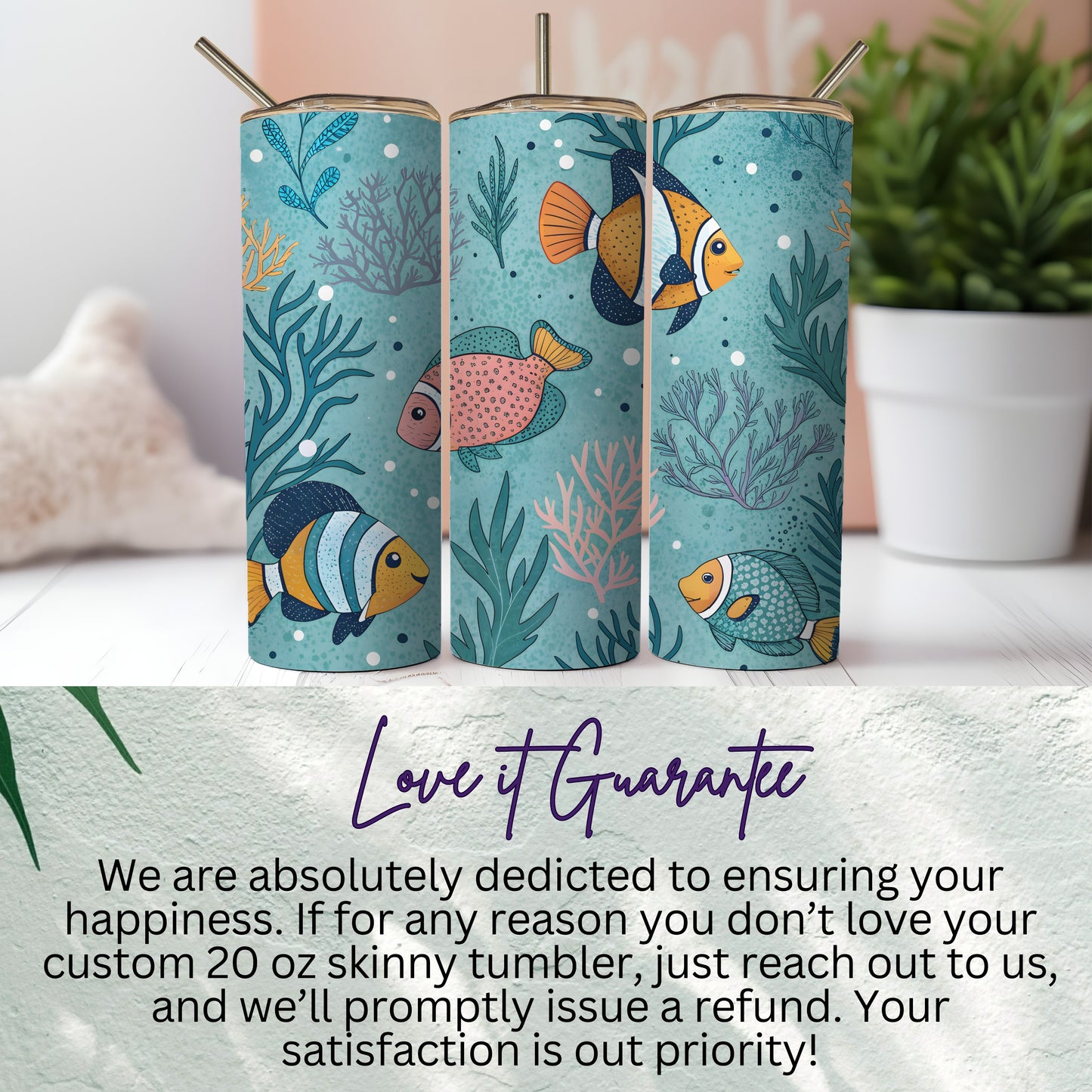 Custom 20 oz Skinny Tumbler with Colorful Fish Design