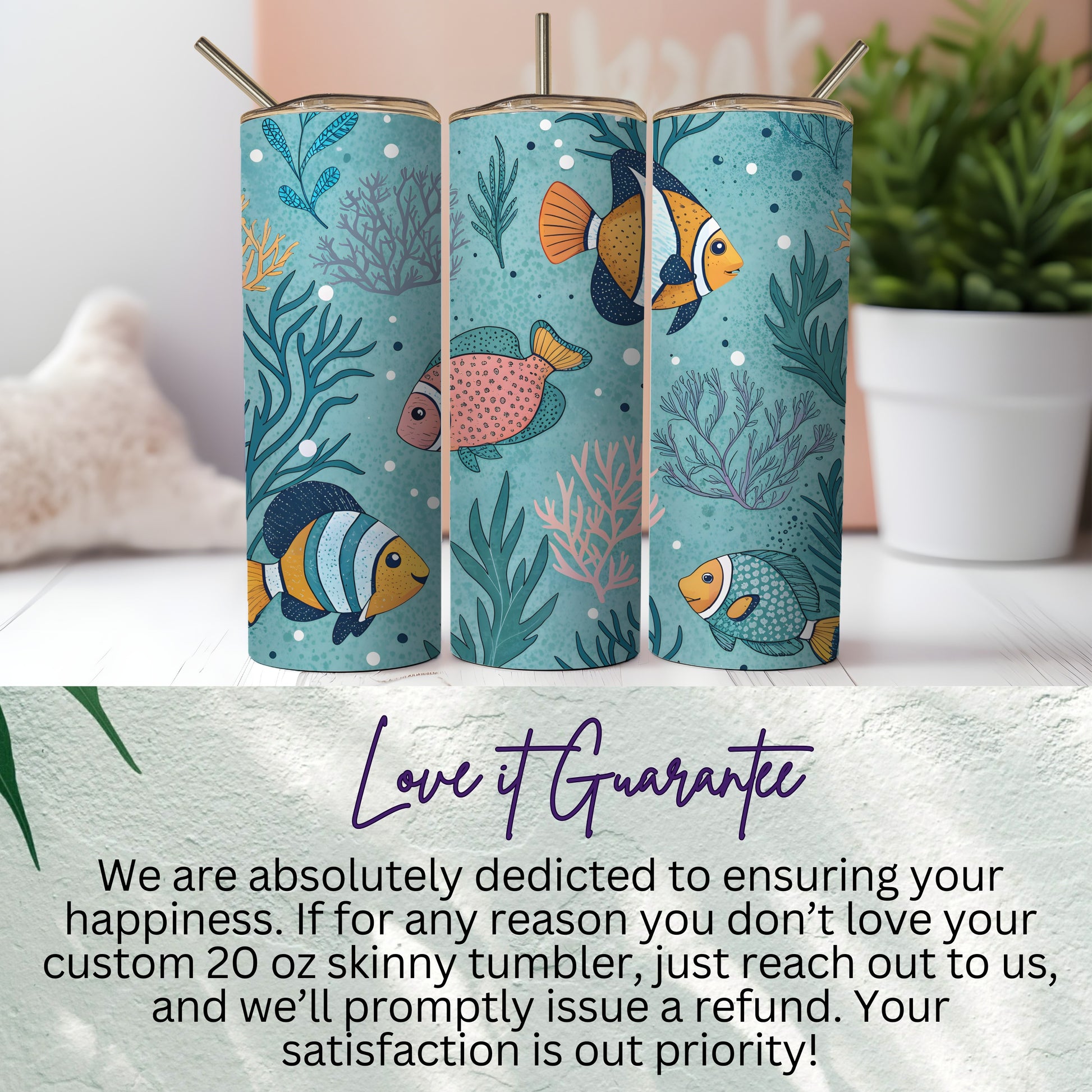 Custom 20 oz Skinny Tumbler with Colorful Fish Design