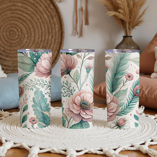 Elegant Pink Flowers with Leaves Floral Design 20 oz Skinny Tumbler - Walk Greener