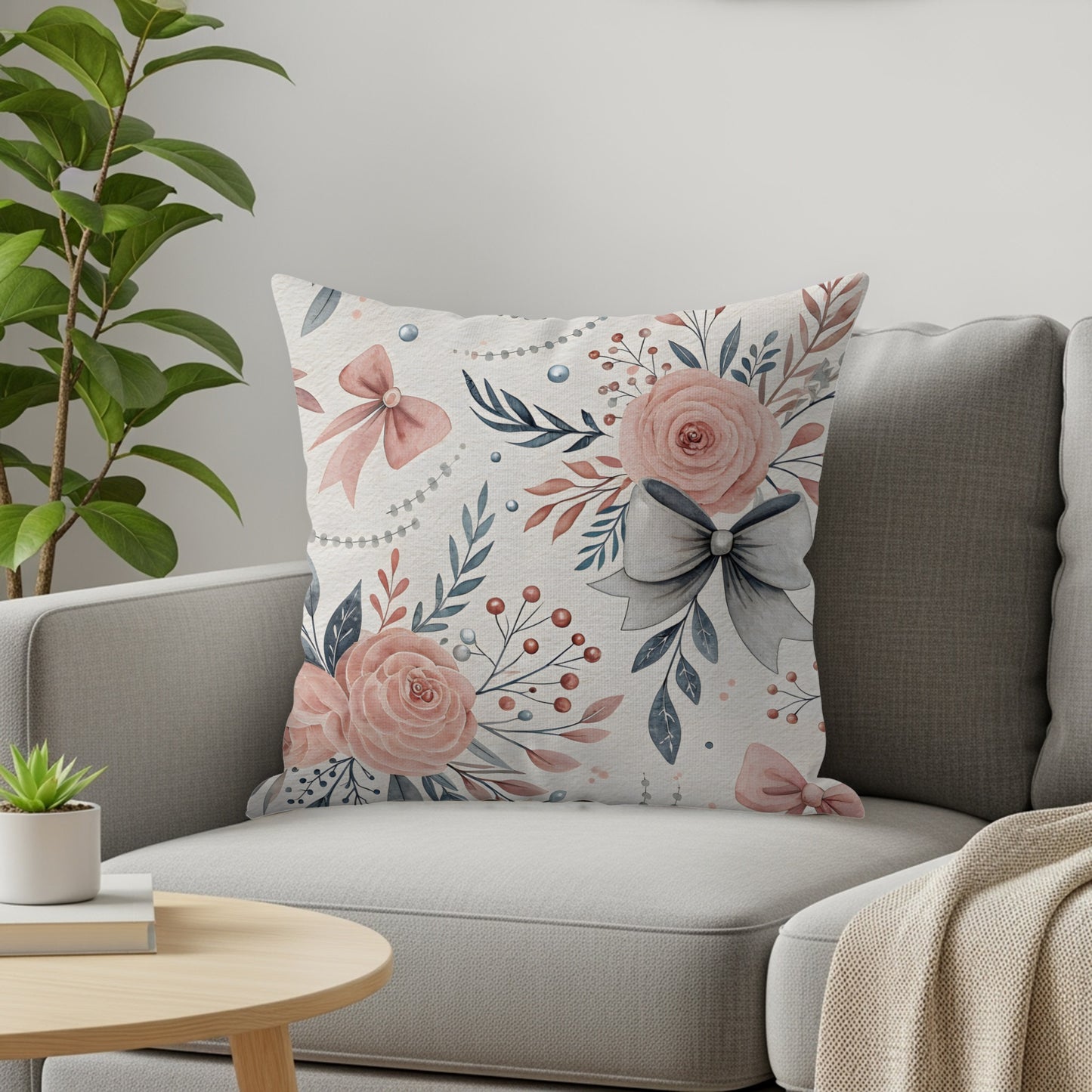 Floral Bow and Pearls Design Throw Pillow