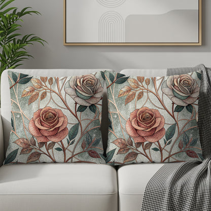 Pink And White Roses With Leaves And Branches Pattern Throw Pillows - Walk Greener